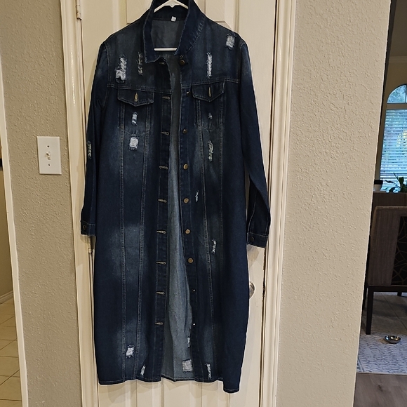 New Only Jeans Women's Long Ripped Button Up Denim Dark Blue Jacket XL - Picture 10 of 12